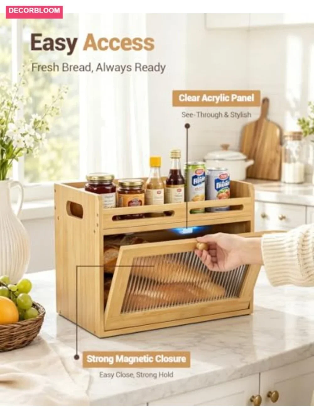 Large Bamboo Bread Box with Acrylic Window & Raised Top Shelf